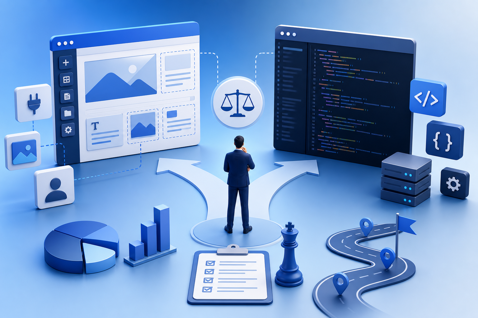 Схема выбора платформы сайта: CMS для контента, кастом для кабинетов и API-интеграций