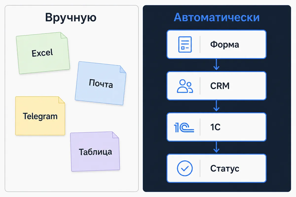 Сравнение: ручные каналы Excel и чаты против автоматизированного контура форма-CRM-1С-статус