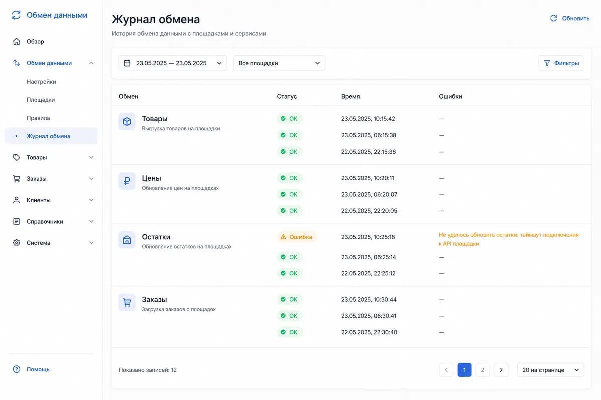 Журнал заданий обмена данными: статусы товаров, цен, остатков и заказов