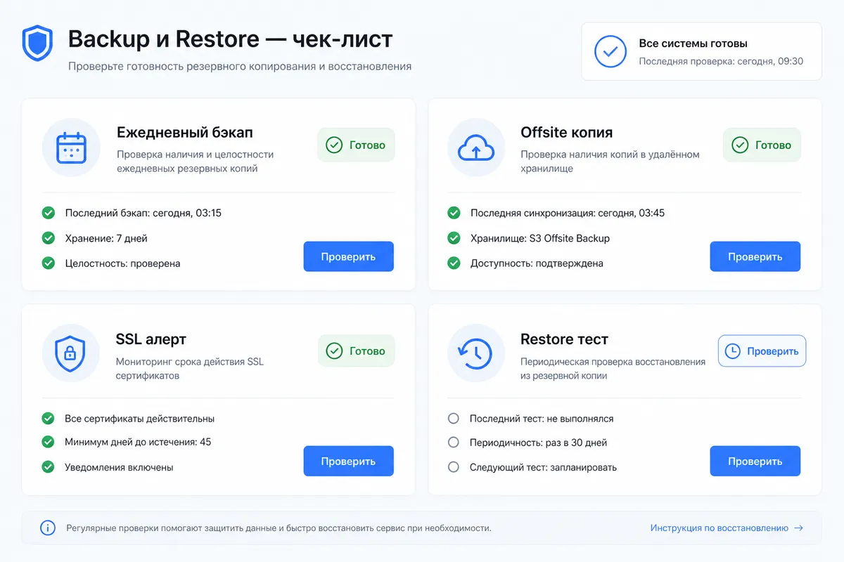 Чек-лист бэкапов: ежедневная копия, offsite, SSL-алерт, restore-тест
