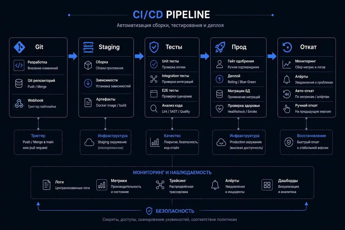Схема CI/CD: Git, staging, тесты, прод и откат
