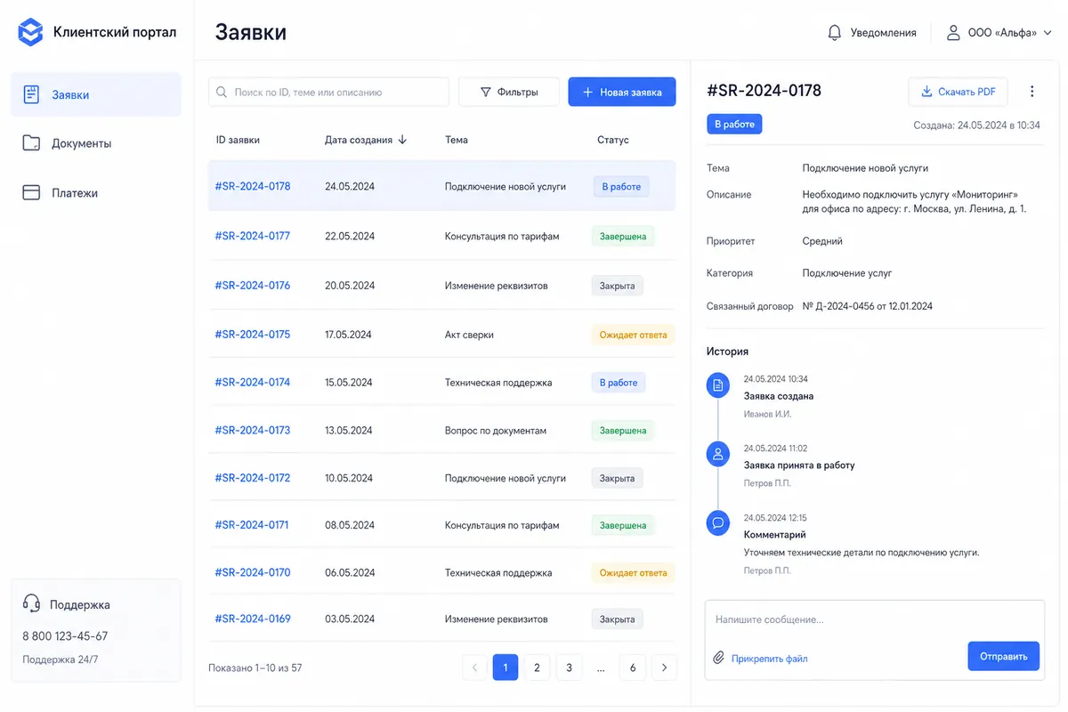 Интерфейс личного кабинета клиента: список заявок, статусы и документы